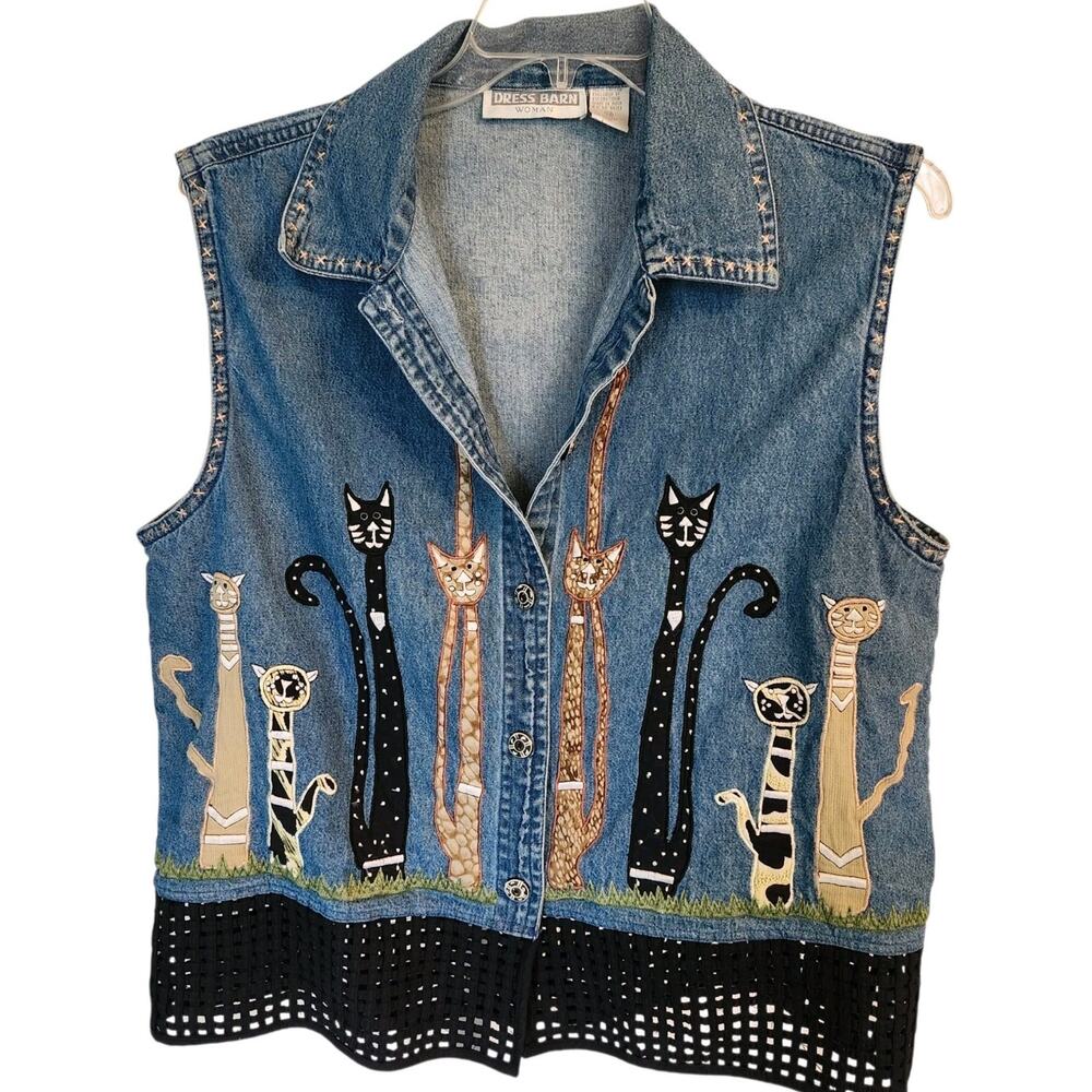 Denim Cats Embroidered Vest Button Up Size 3X 100% Cotton Kittie Lovers Retro